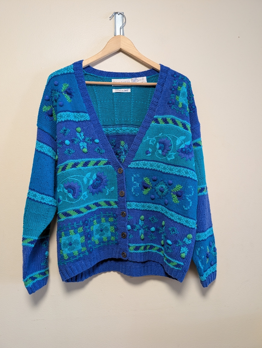 Robert Scott Ltd Hand Knit Cardigan Blue Teal Textured Size S